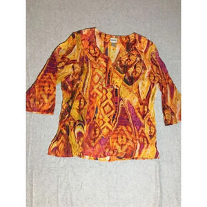 Womens Chico’s Blouse Size Large Fire Print Silk Sequined Abstract Artistic